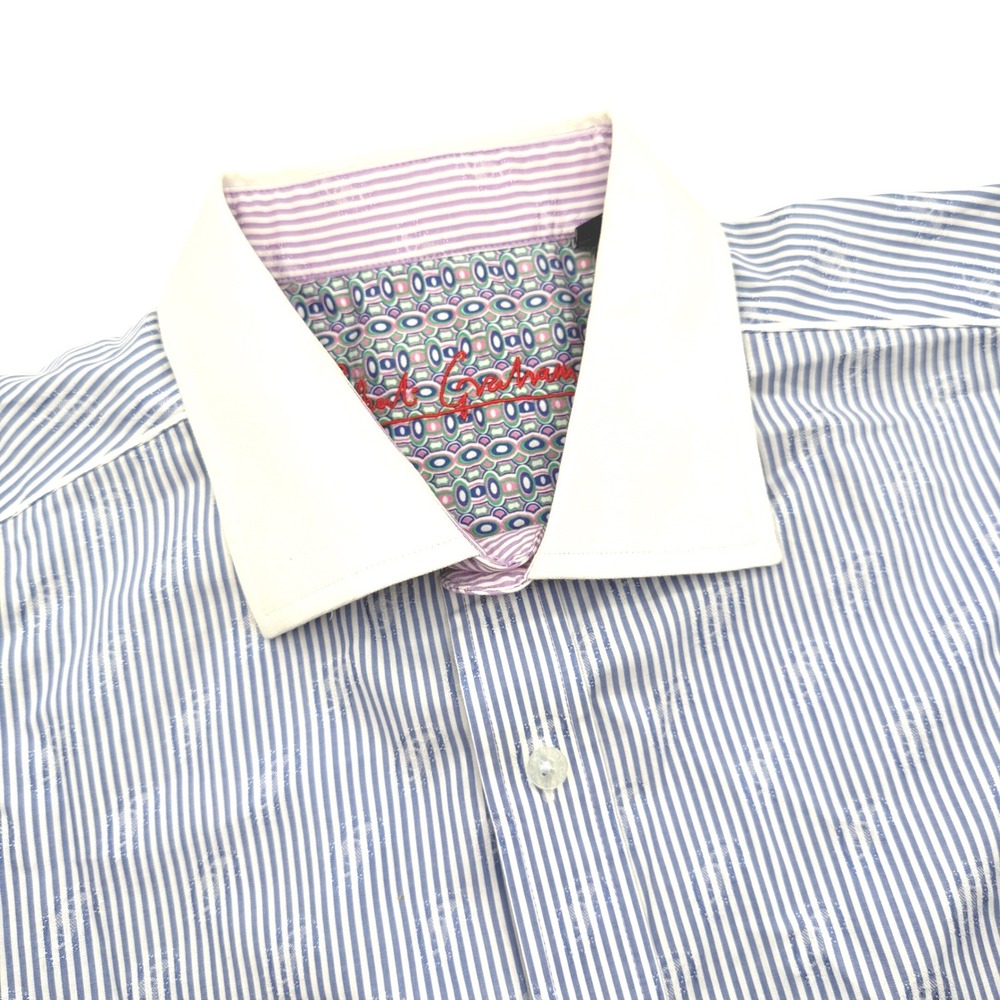 Robert Graham Button Down XXL 2XL Blue Striped Paisley Jacquard Contrast Trim